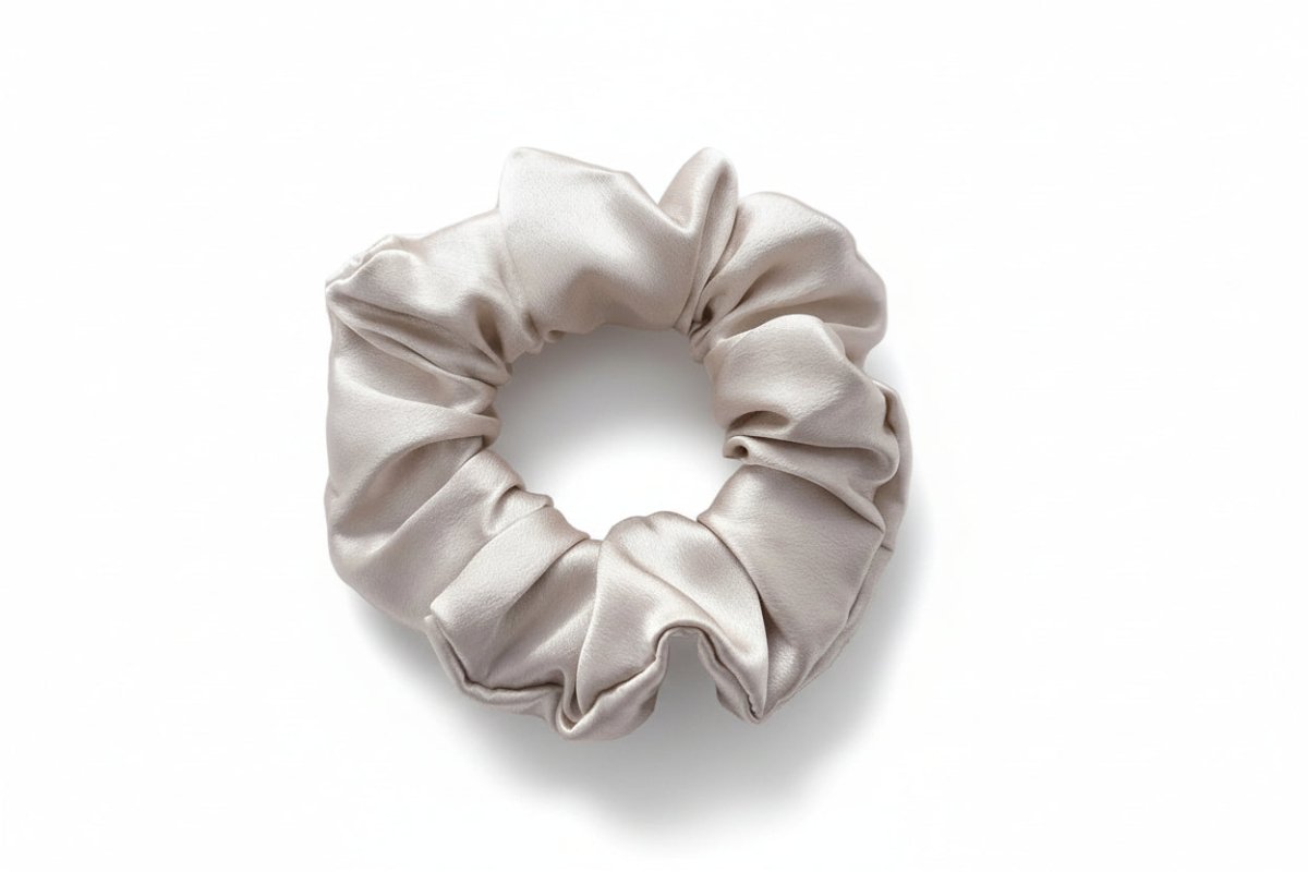 Beige silk scrunchie on a white background
