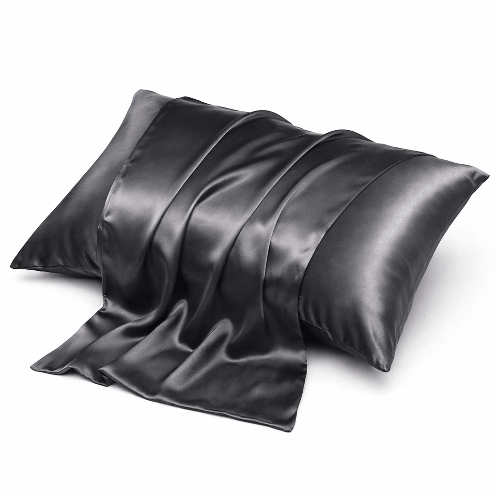 Black grey silk pillowcase on a white background