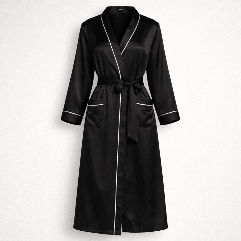 Black silk robe with white piping on a white background