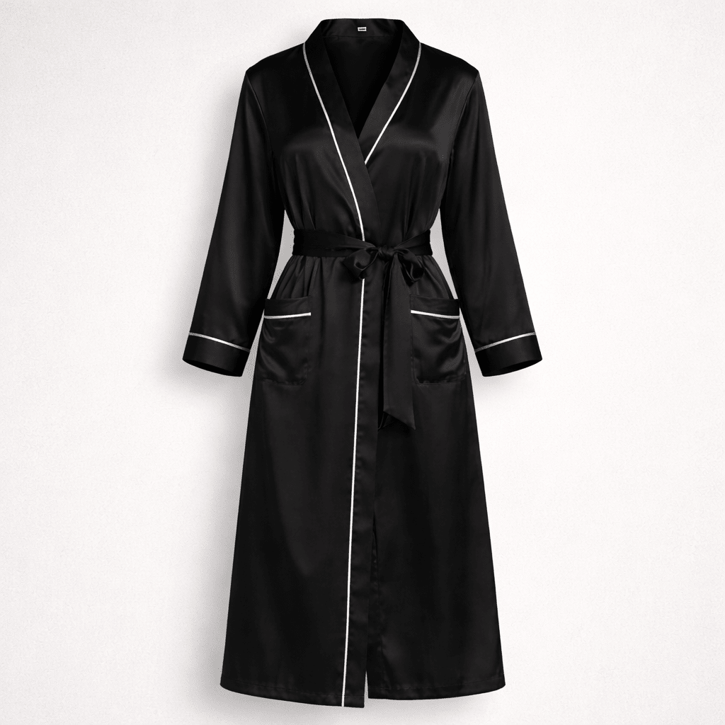 Black satin robe with white piping on a white background