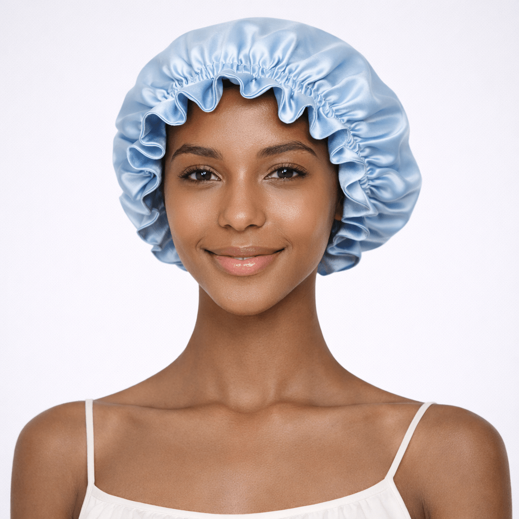 Black woman wearing a blue silk bonnet against a white background
