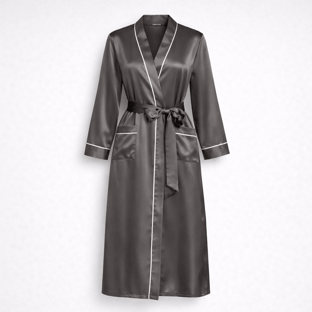 Brown silk robe with white piping on a light gray background