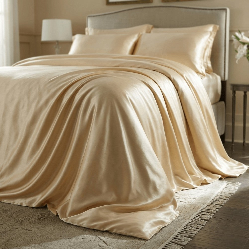 Champagne gold silk duvet cover on a bed in a bedroom setting