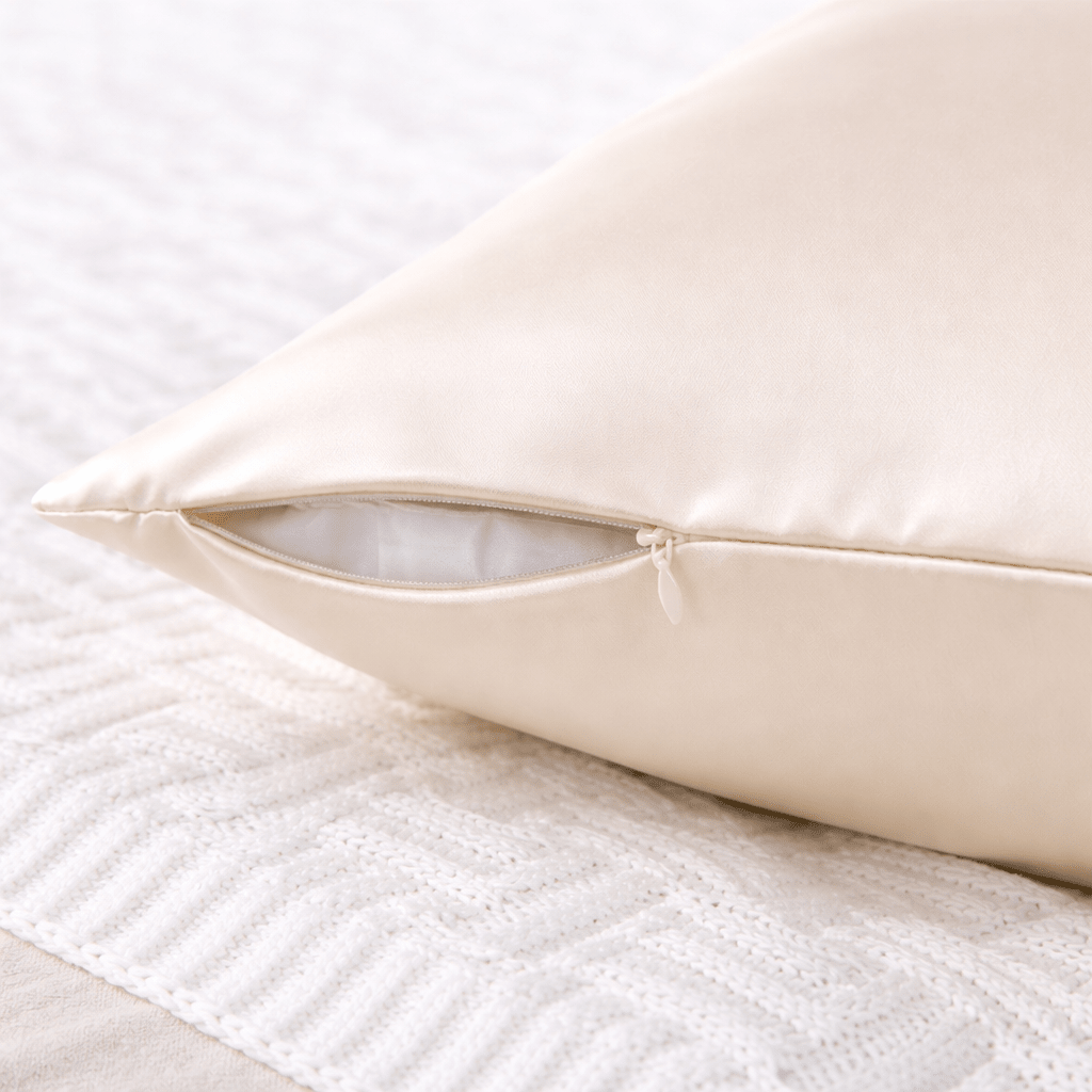 Champagne gold silk pillowcase on a textured white surface