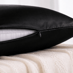 Close-up of a black pillowcase with a zipper on a white background