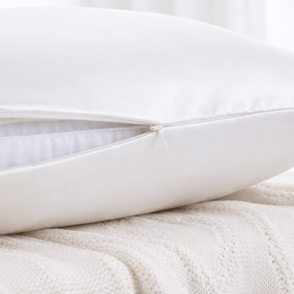Close-up of a white silk pillowcase on a textured beige surface