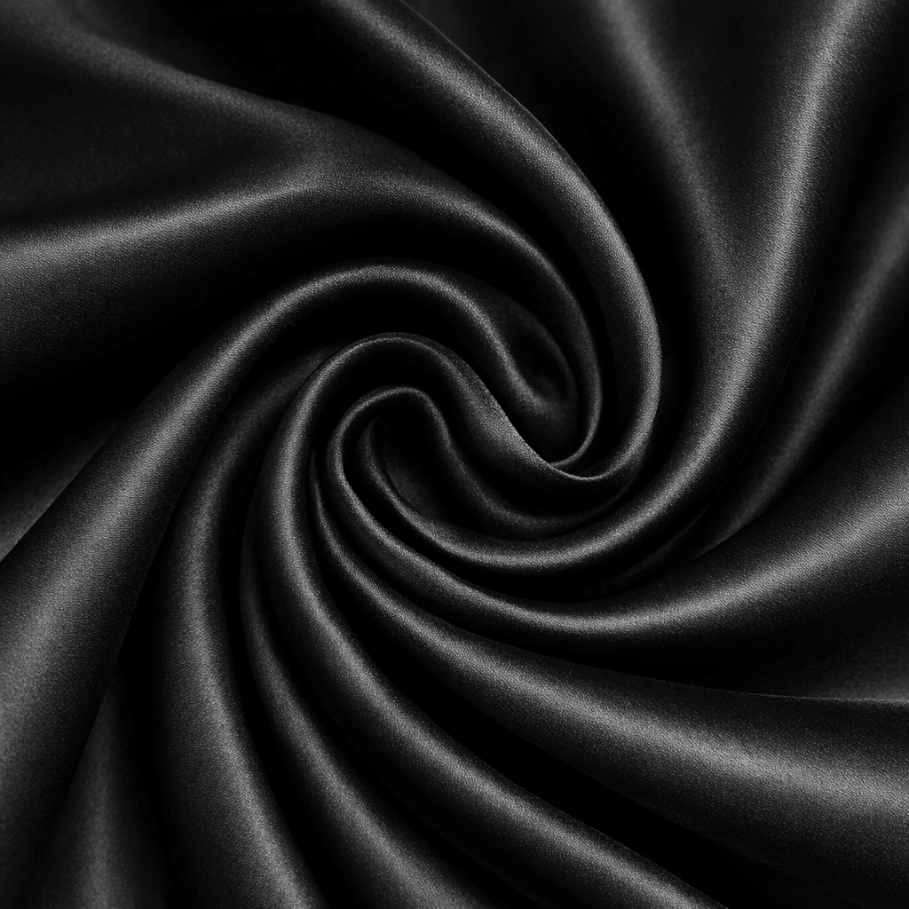 Close-up of black satin fabric with a swirling pattern
