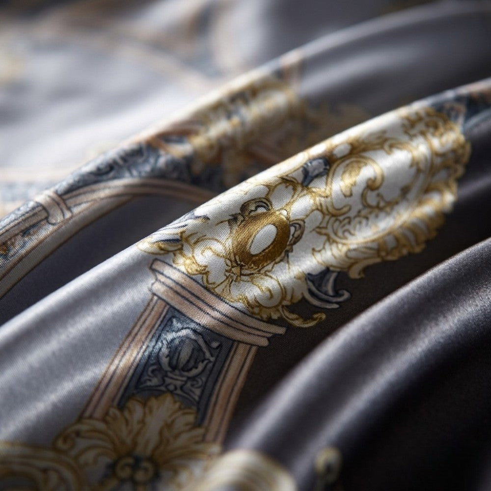 Close-up of decorative fabric with intricate patterns and gold accents.
