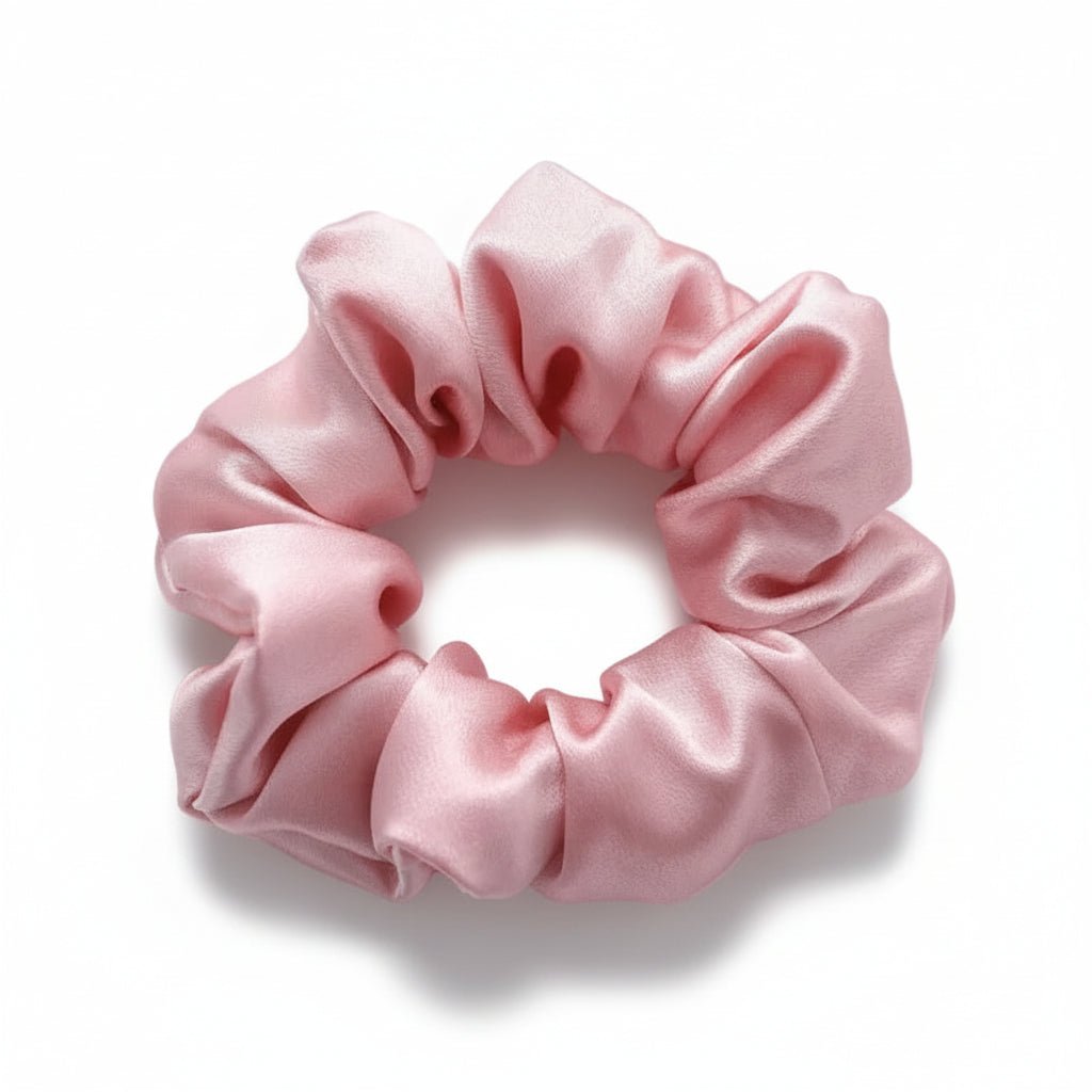 Fairy pink silk scrunchie on a light wooden surface