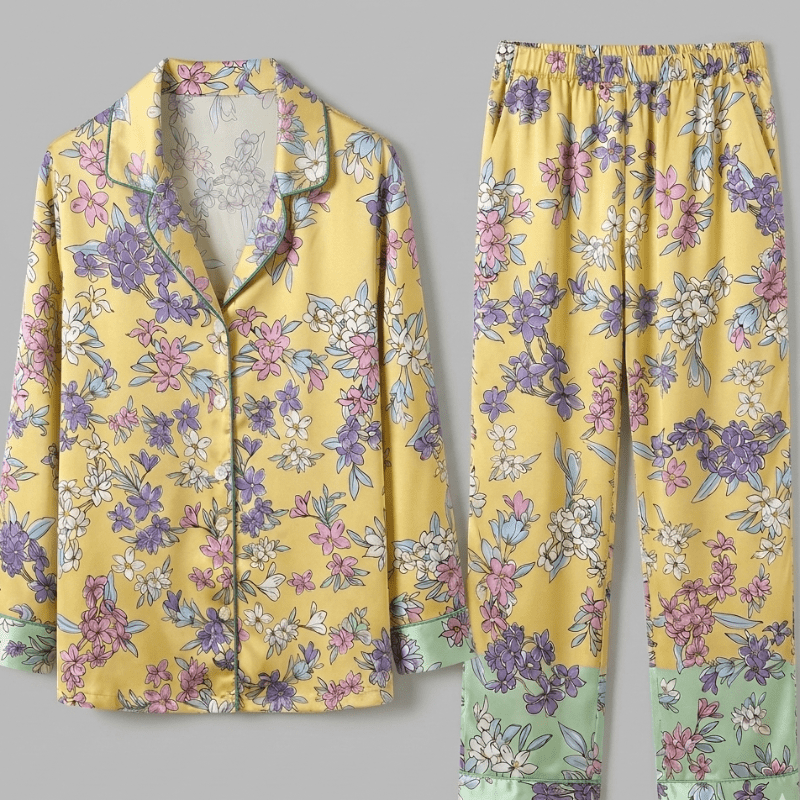 Floral pajama silk set on a gray background