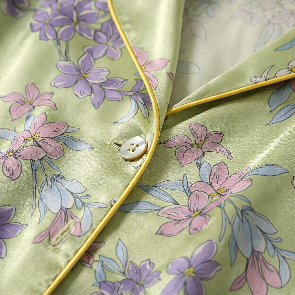 Floral patterned fabric with a button on a light green background