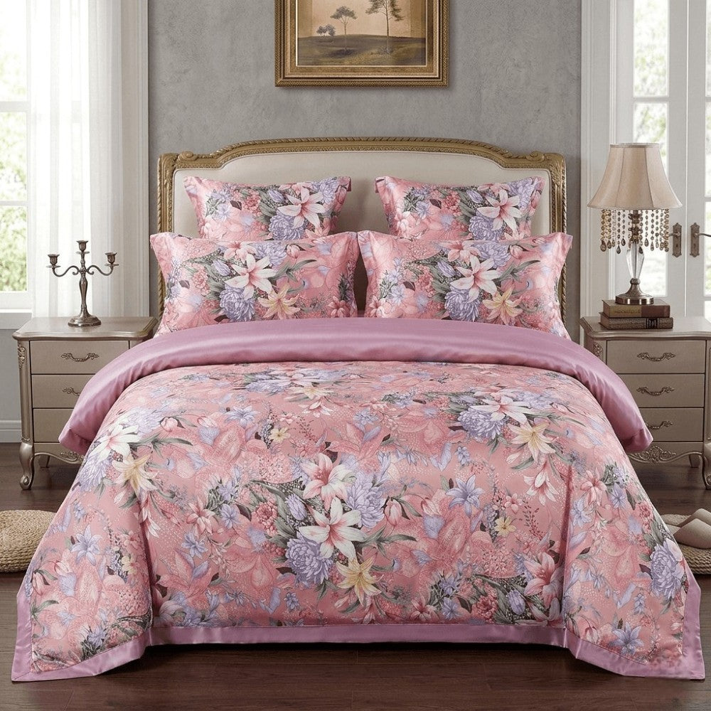 Frontview of pink blossom silk duvet cover