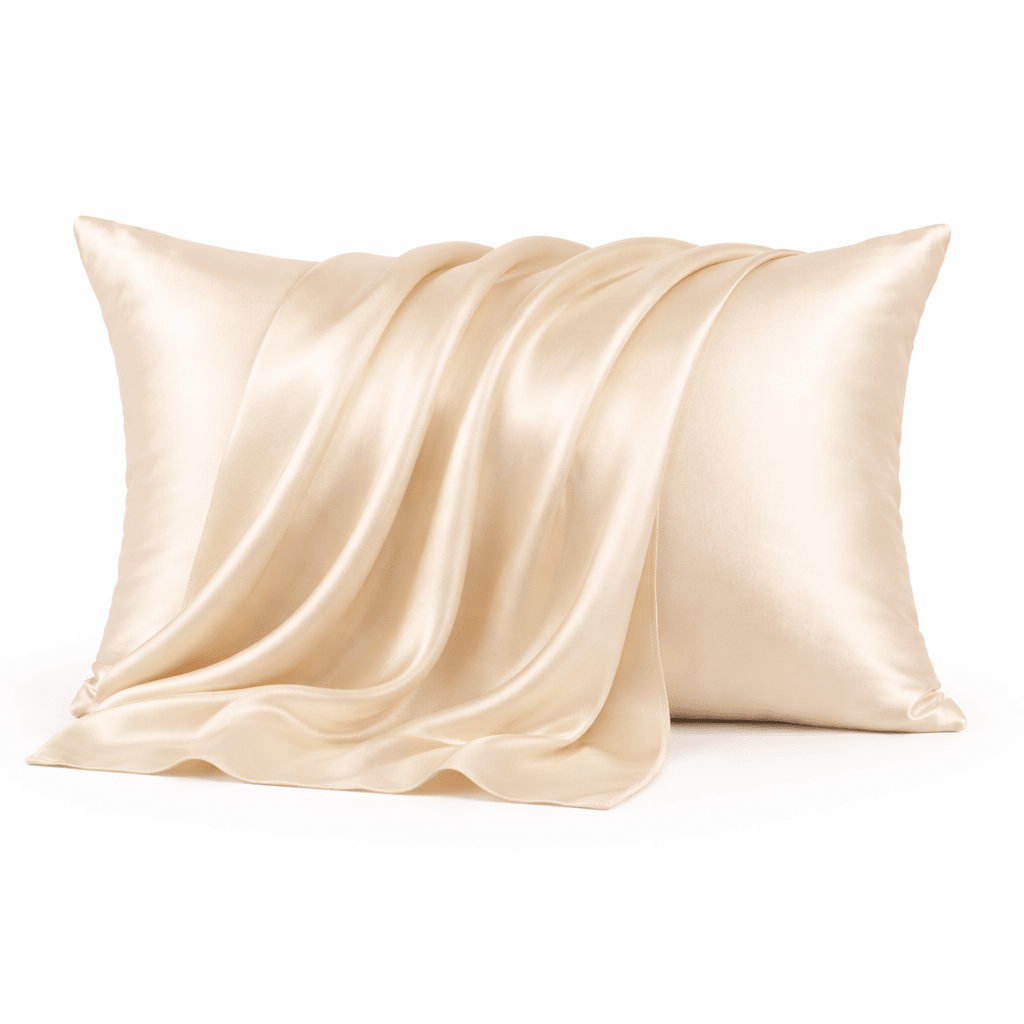 Gold silky pillowcase on a white background