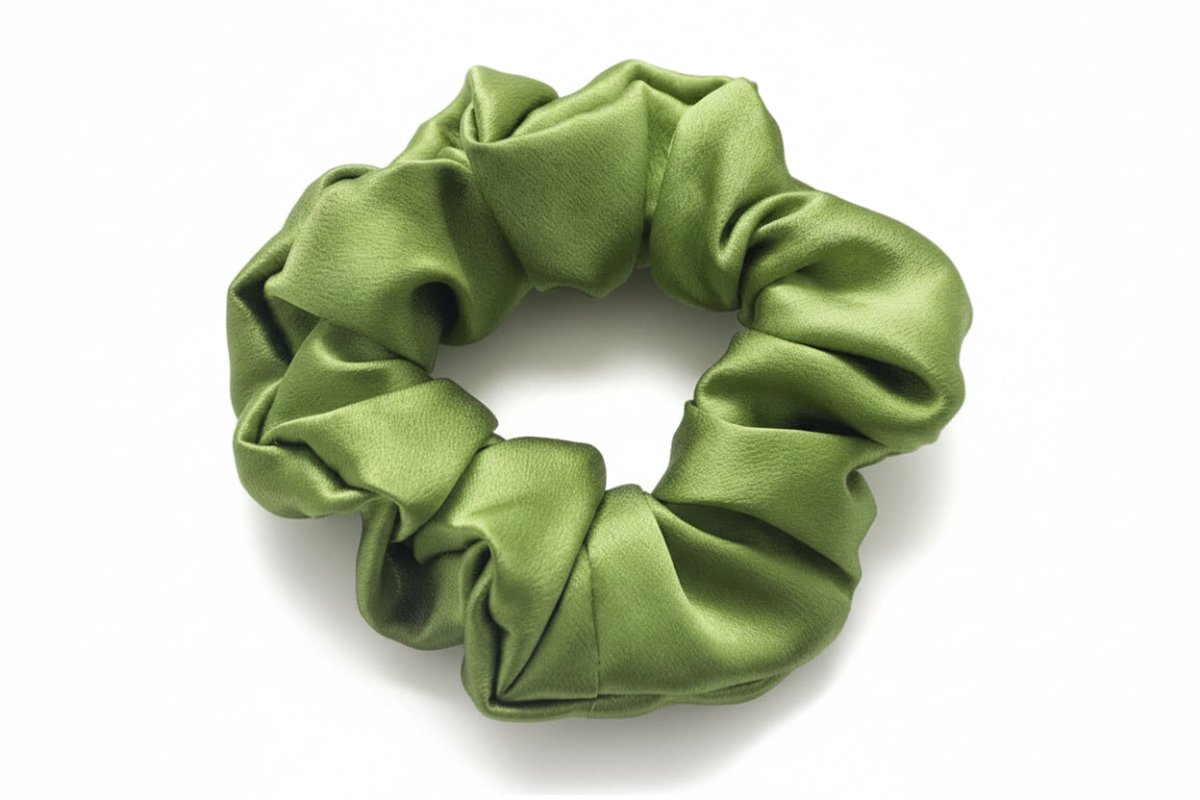 Green silk scrunchie on a white surface