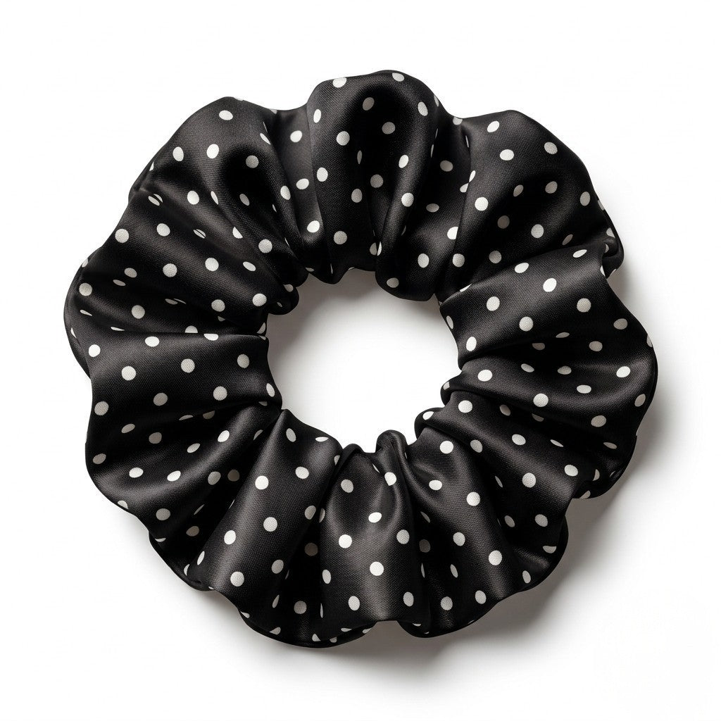 Jumbo black silk hair scrunchie with a white polka dot pattern