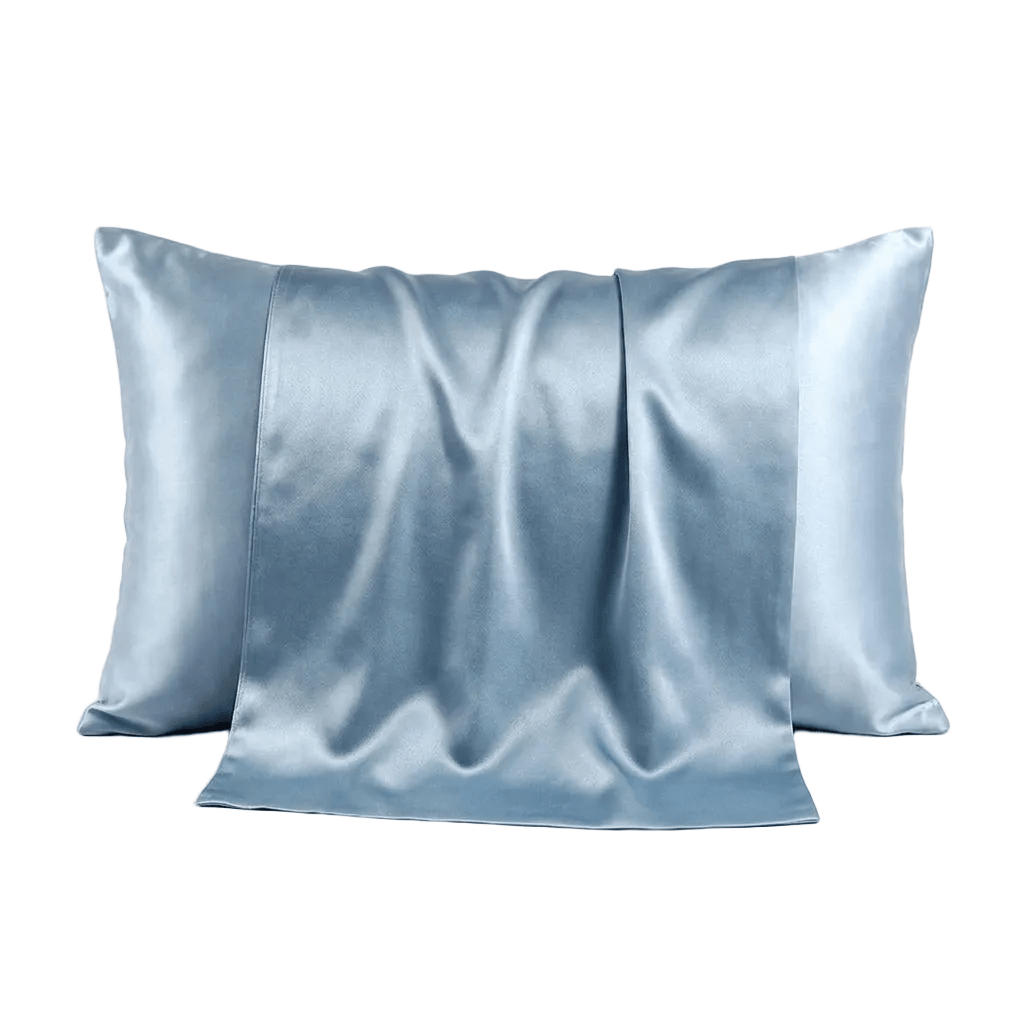 Light blue silk pillowcase on a white background