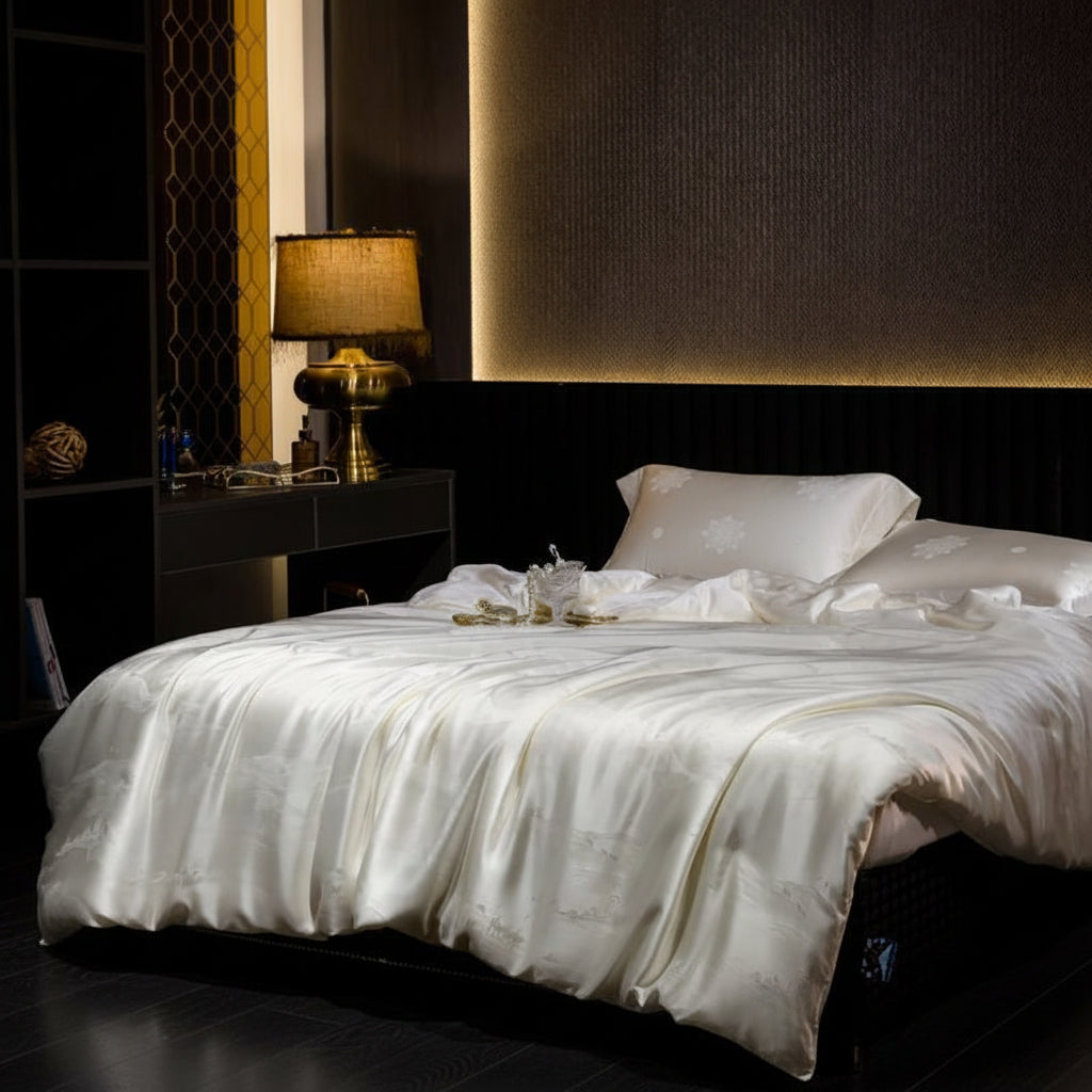 Luxurious bedroom with a silk duvet cover on a large bed, nightstands, and decorative items.
