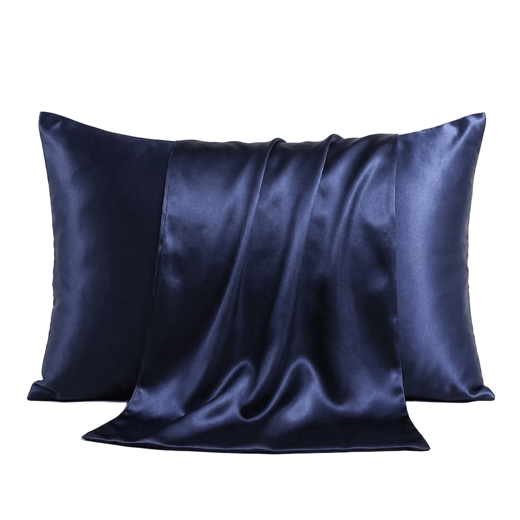 Navy blue silk pillowcase on a light gray background