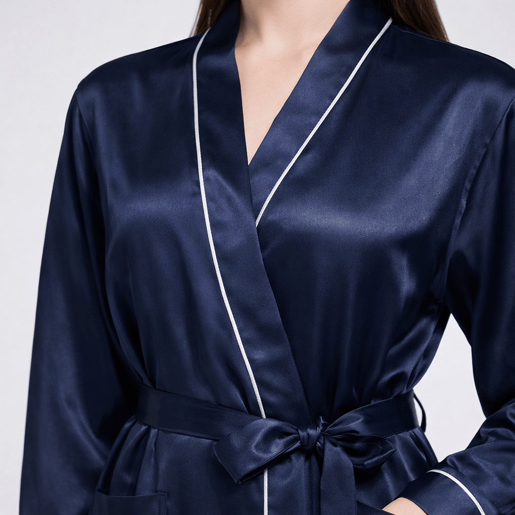 Navy blue silk robe with white piping on a plain background