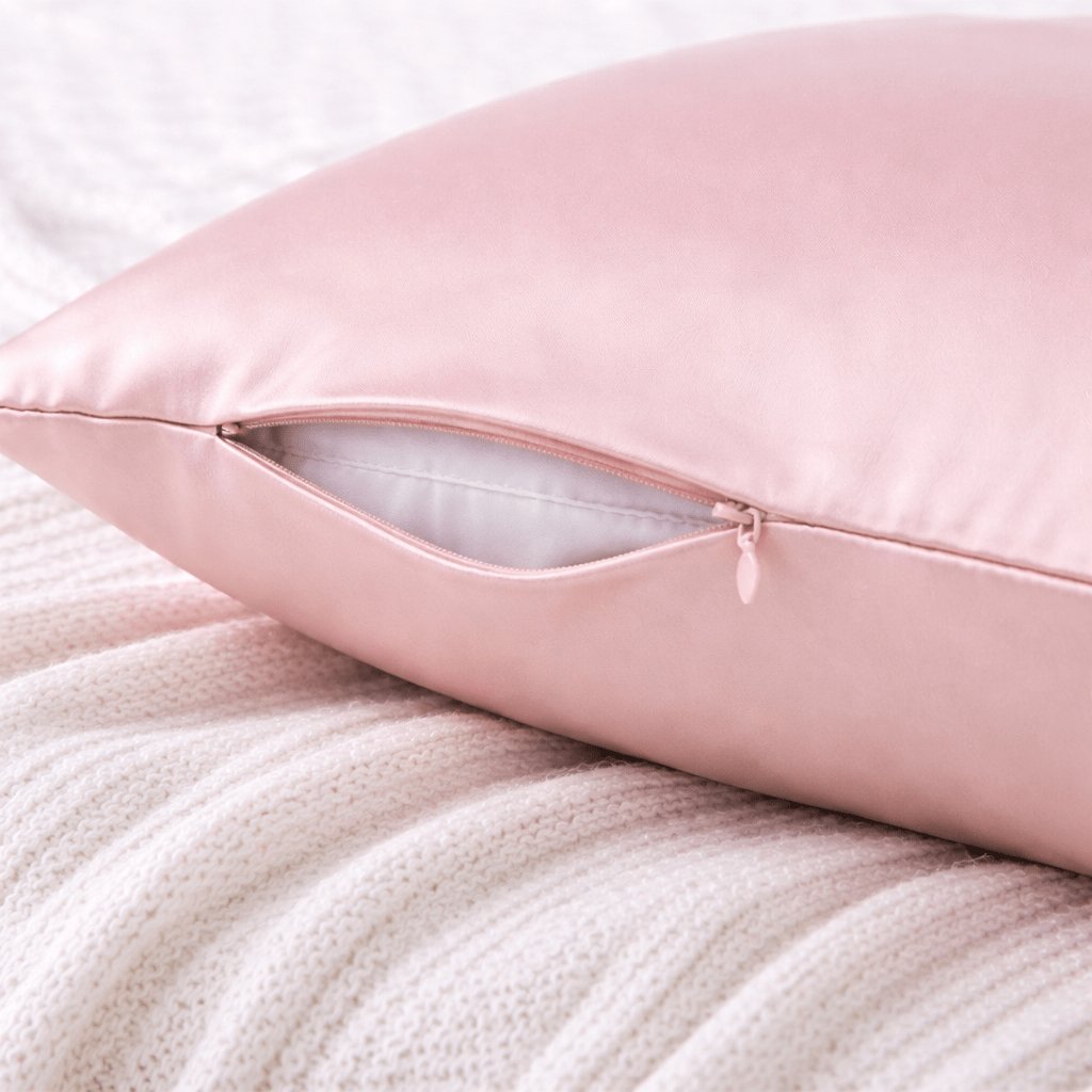 Pink silk pillowcase on a textured white surface