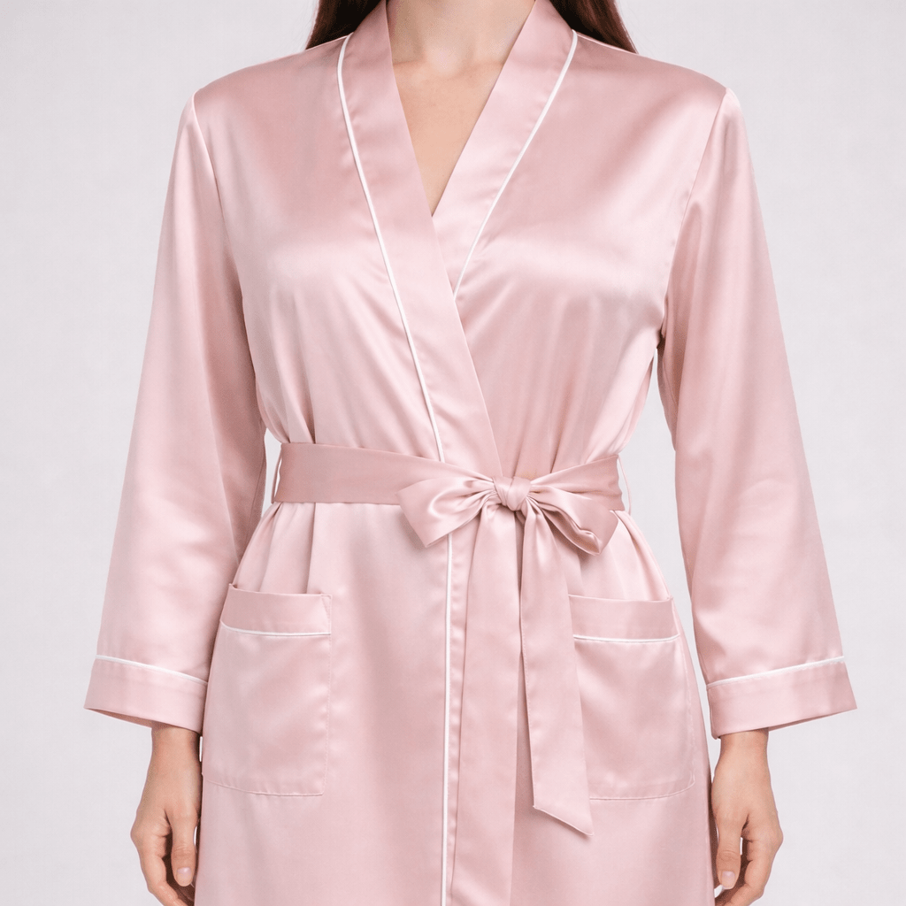 Pink silk robe with a belt on a white background