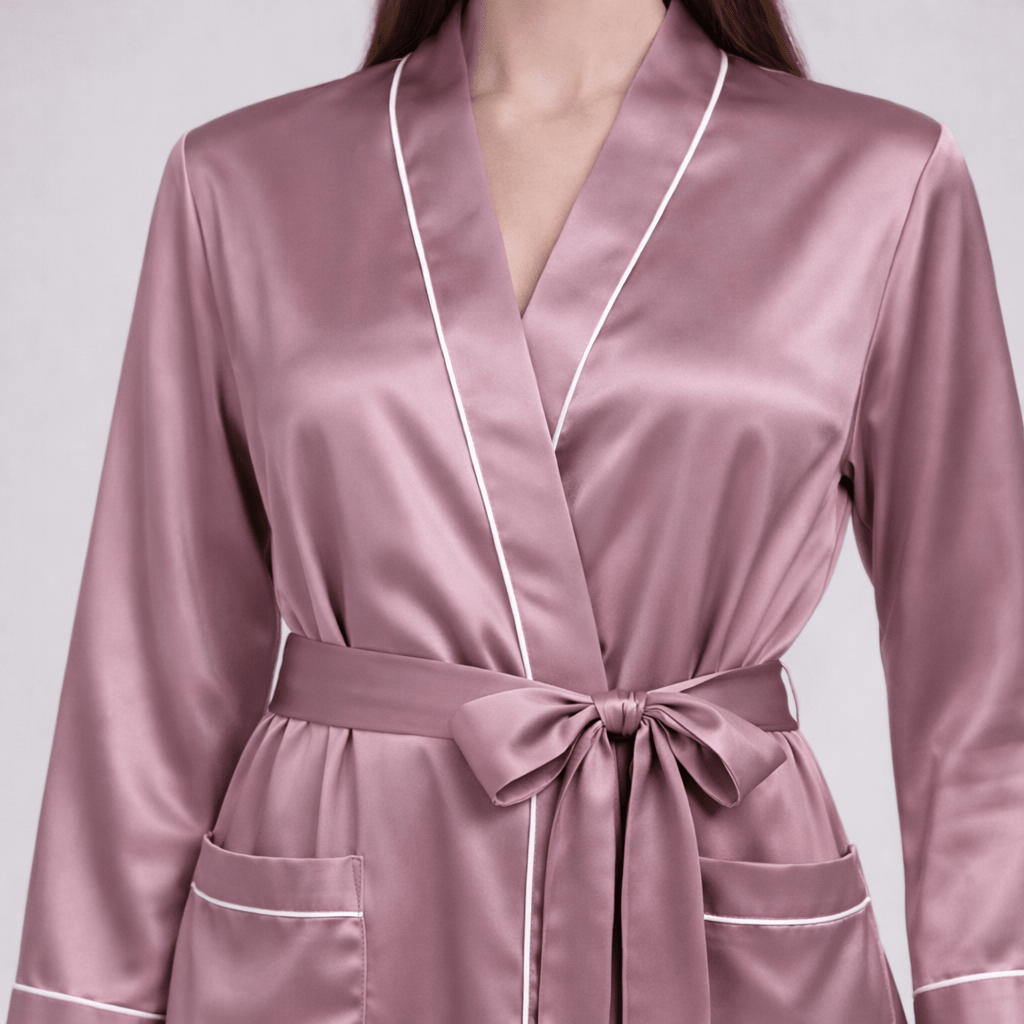 Pink silk robe with white piping on a plain background