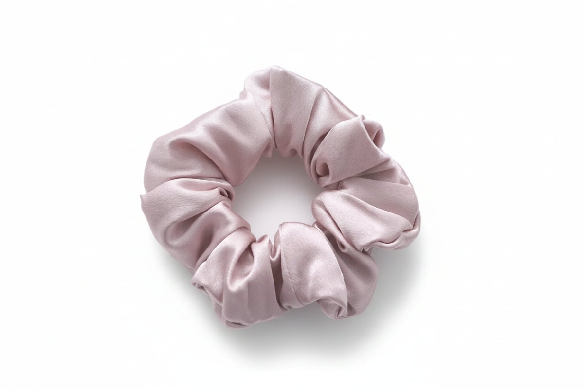 Pink silk scrunchie on a white surface
