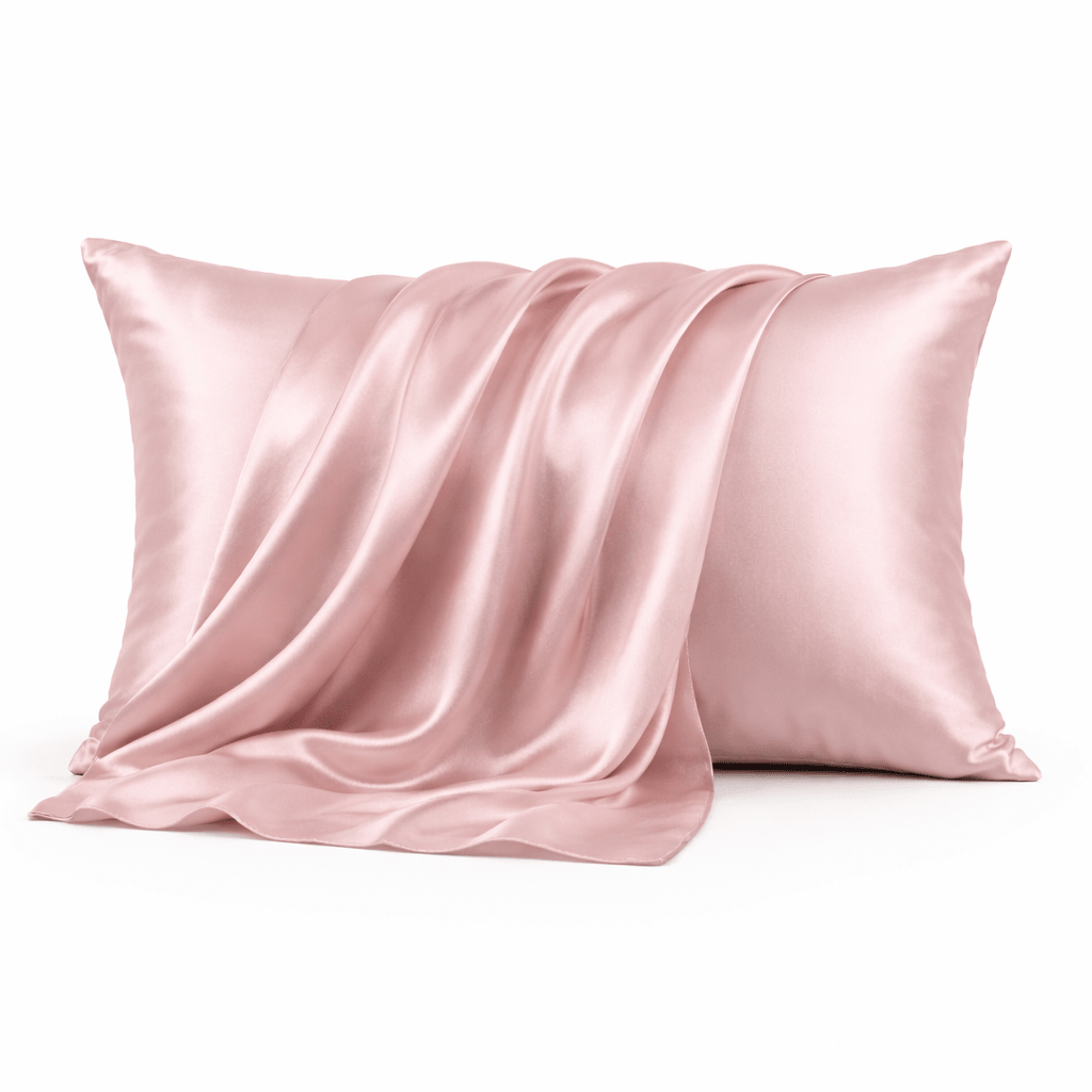 Pink silk pillowcase on a white background