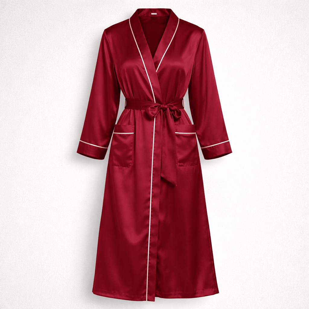 Red silk robe with white piping on a light gray background
