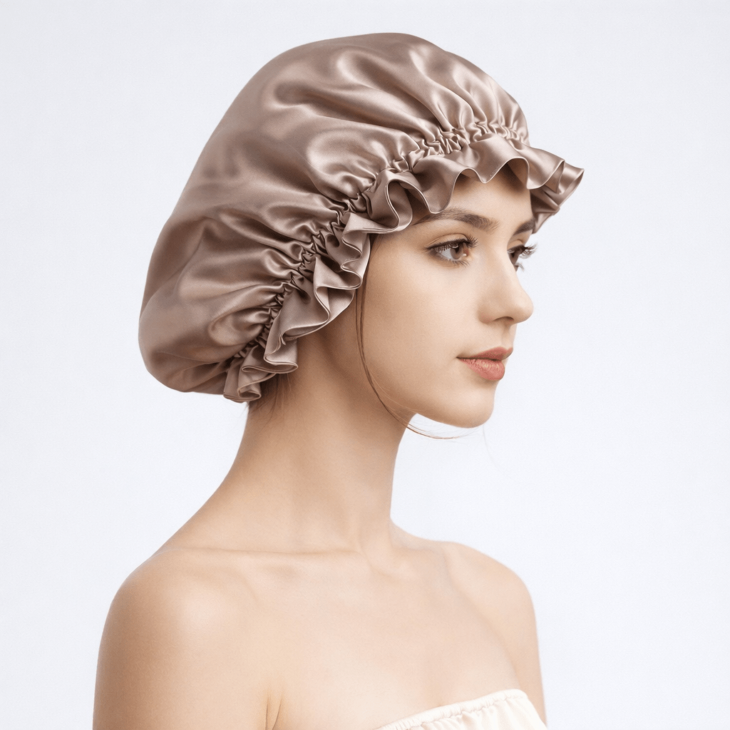 Side view of a woman wearing a beige silk bonnet on a light gray background