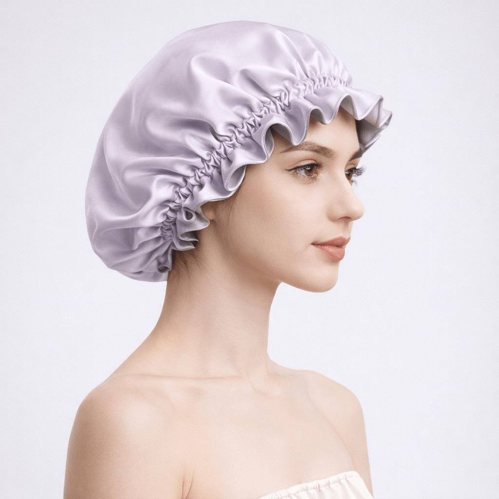 Side view of woman wearing a light purple silk bonnet on a plain background