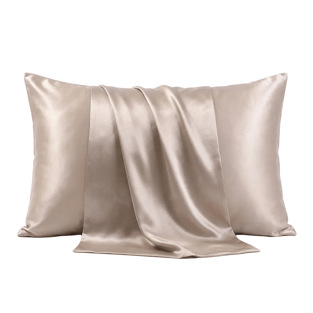 Beige silk pillowcase on a light gray background