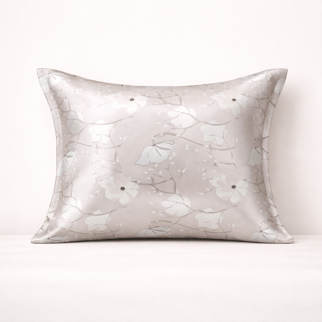 Silky pillowcase with floral pattern on a white background