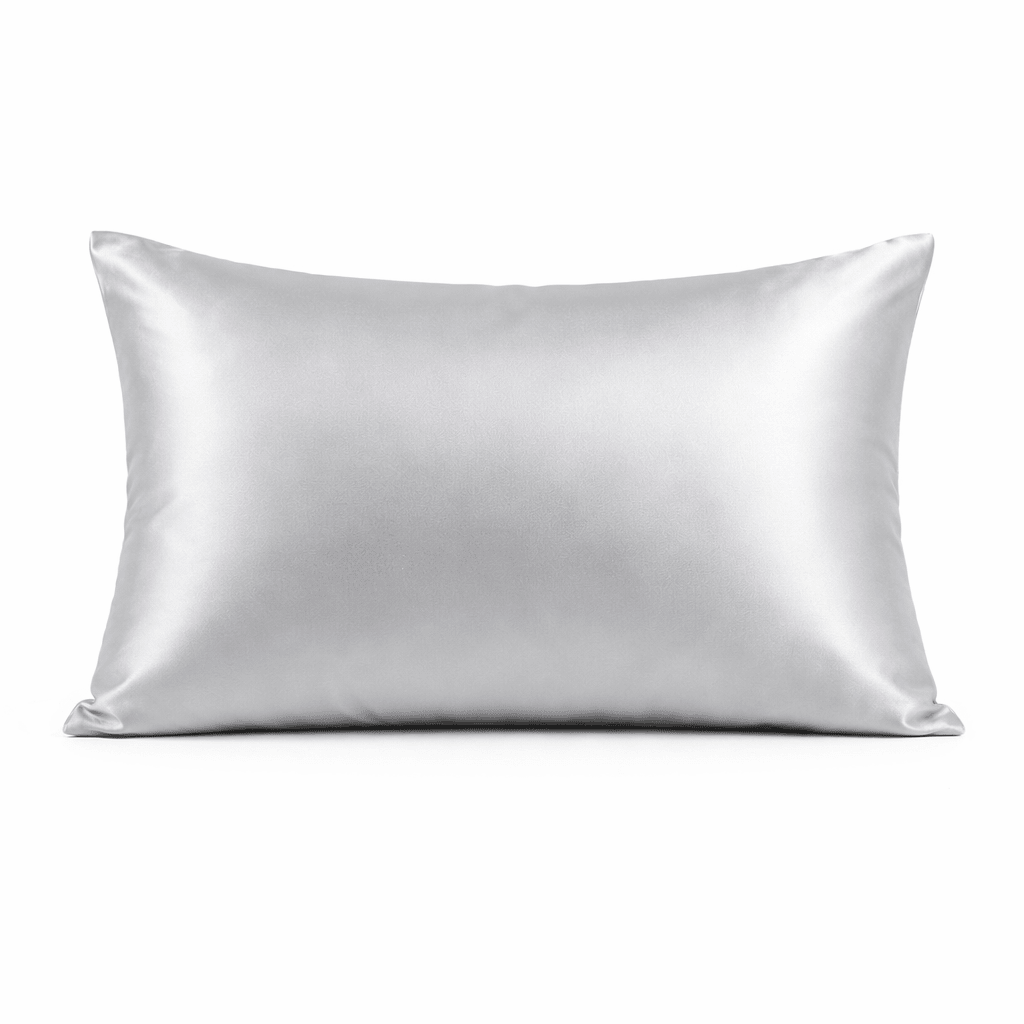 Silver silk pillowcase on a white background