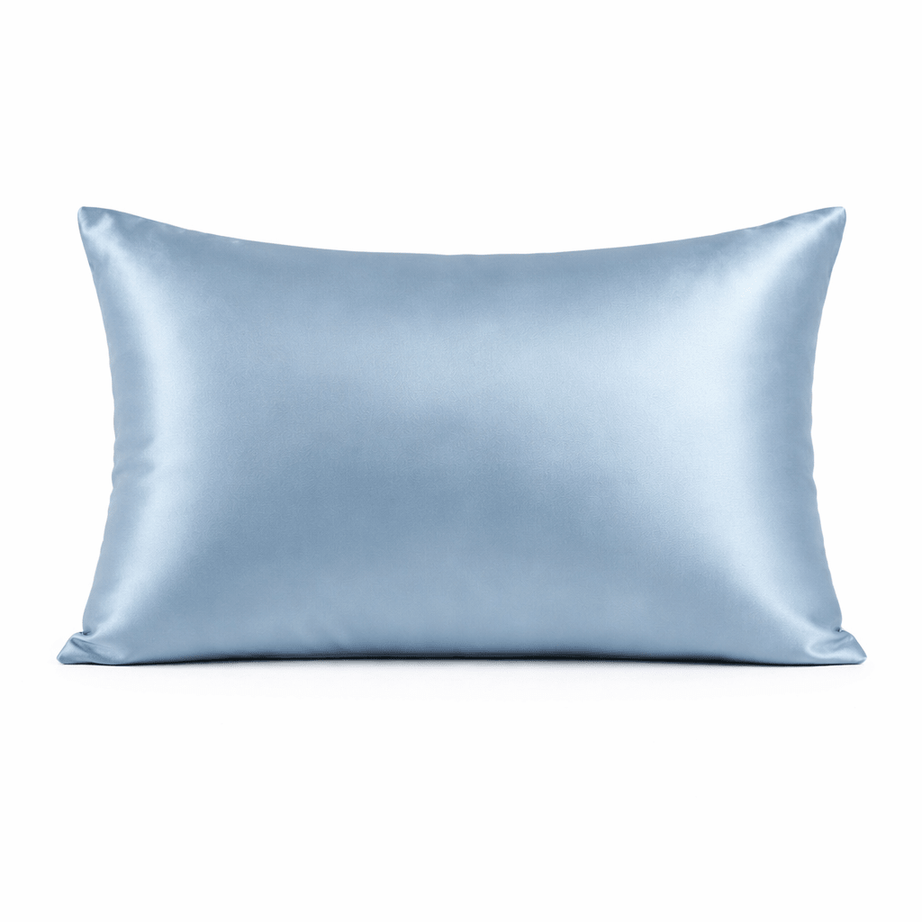 Sky blue silk pillowcase on a white background