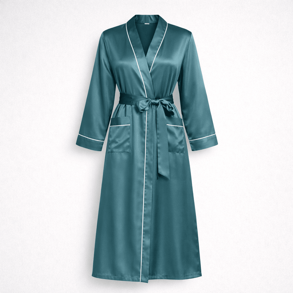 Teal silk robe with white piping on a light gray background