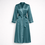 Teal silk robe with white piping on a light gray background