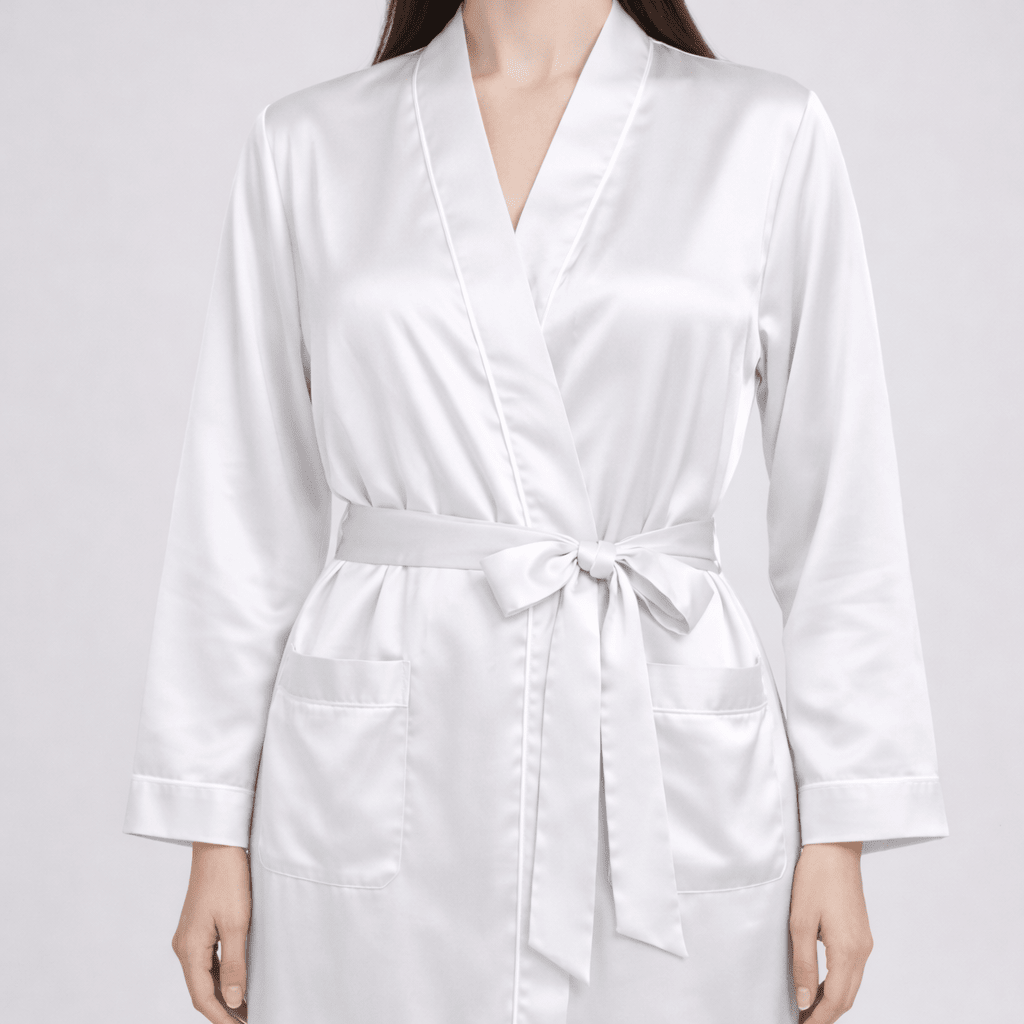White silk robe worn by a model on a light gray background