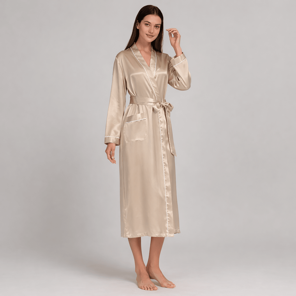 Woman wearing a beige silk robe on a plain background