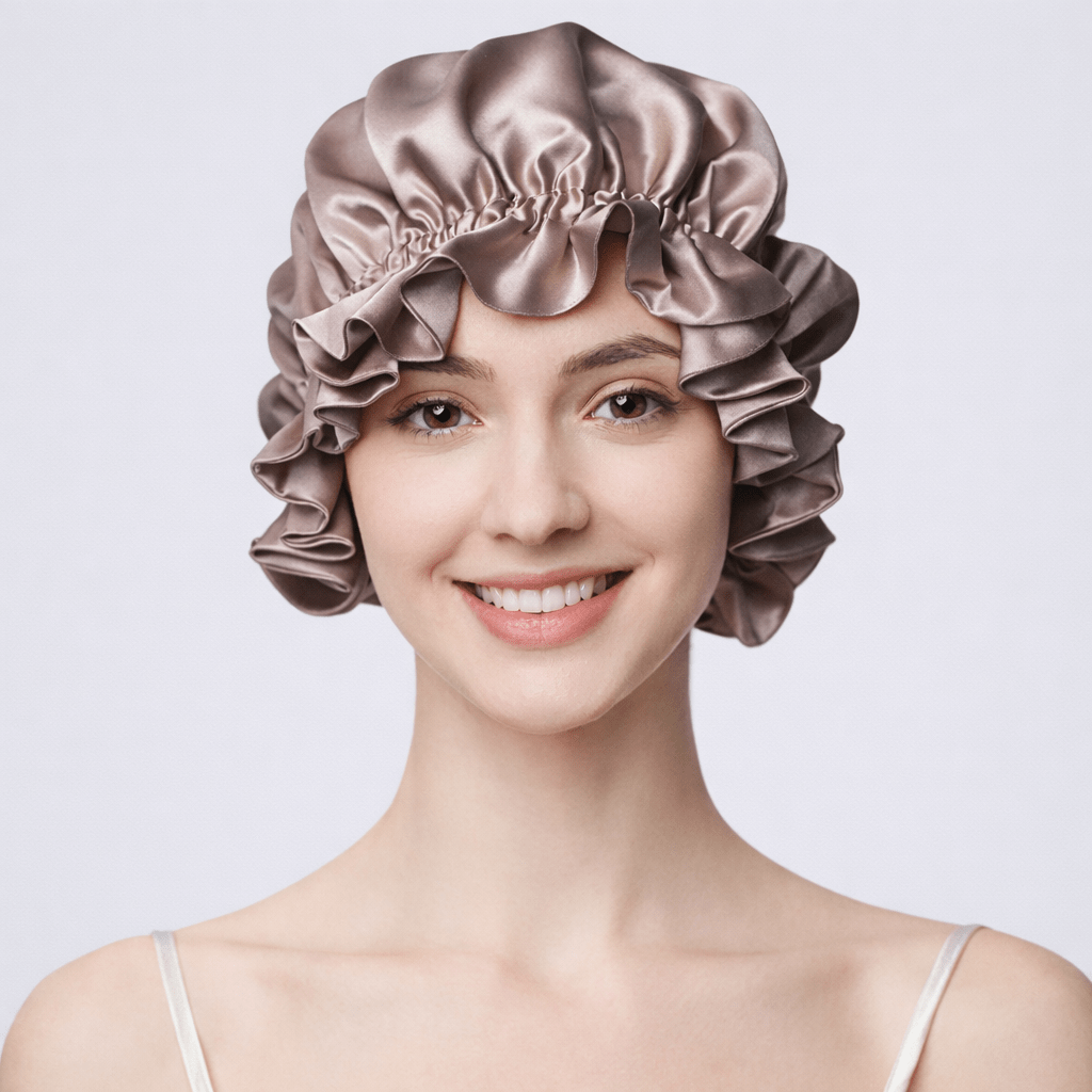 Woman wearing a brown silk bonnet on a plain background