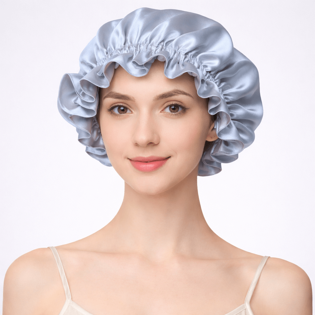 Woman wearing a light blue silk hair bonnet on a plain background