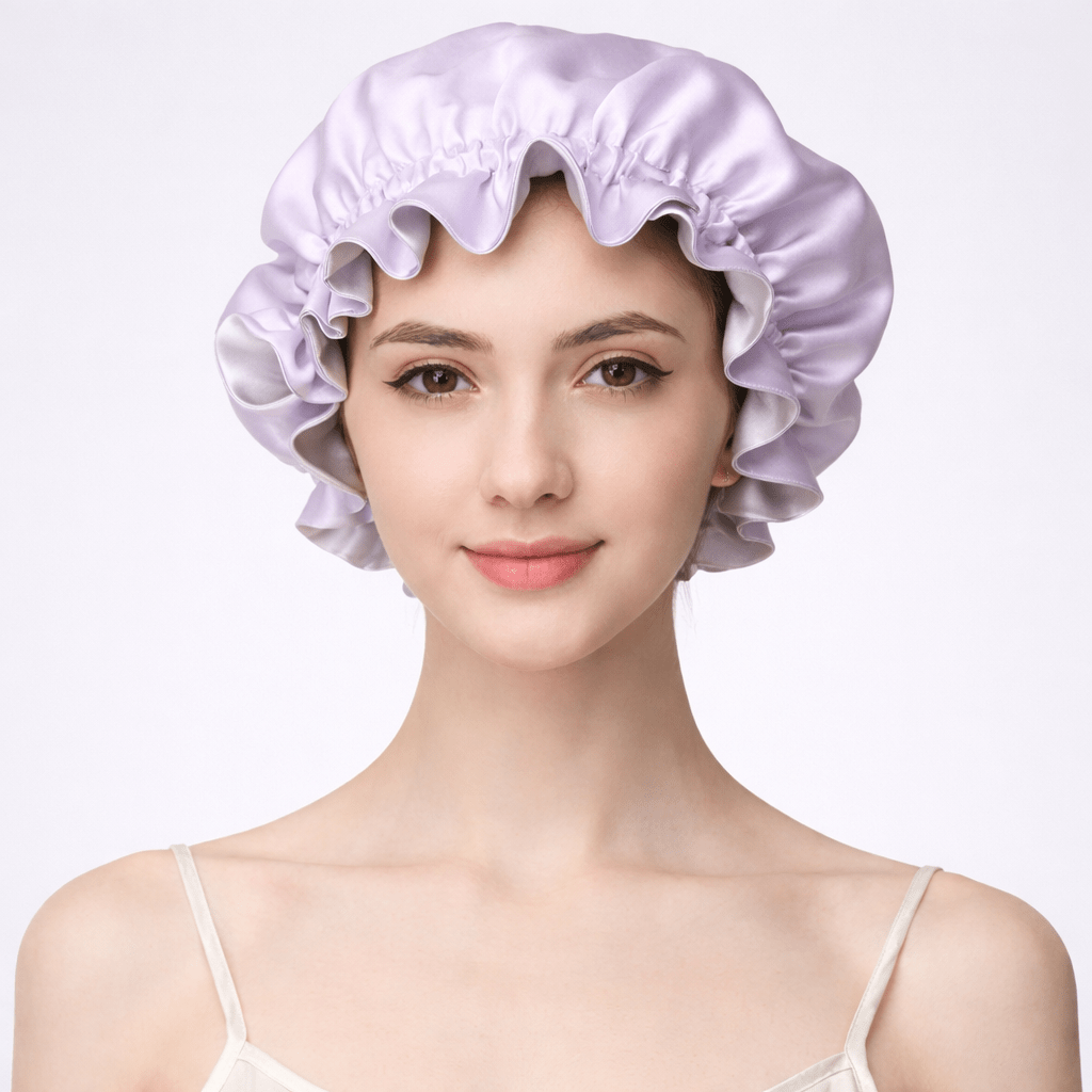 Woman wearing a light purple silk bonnet on a white background