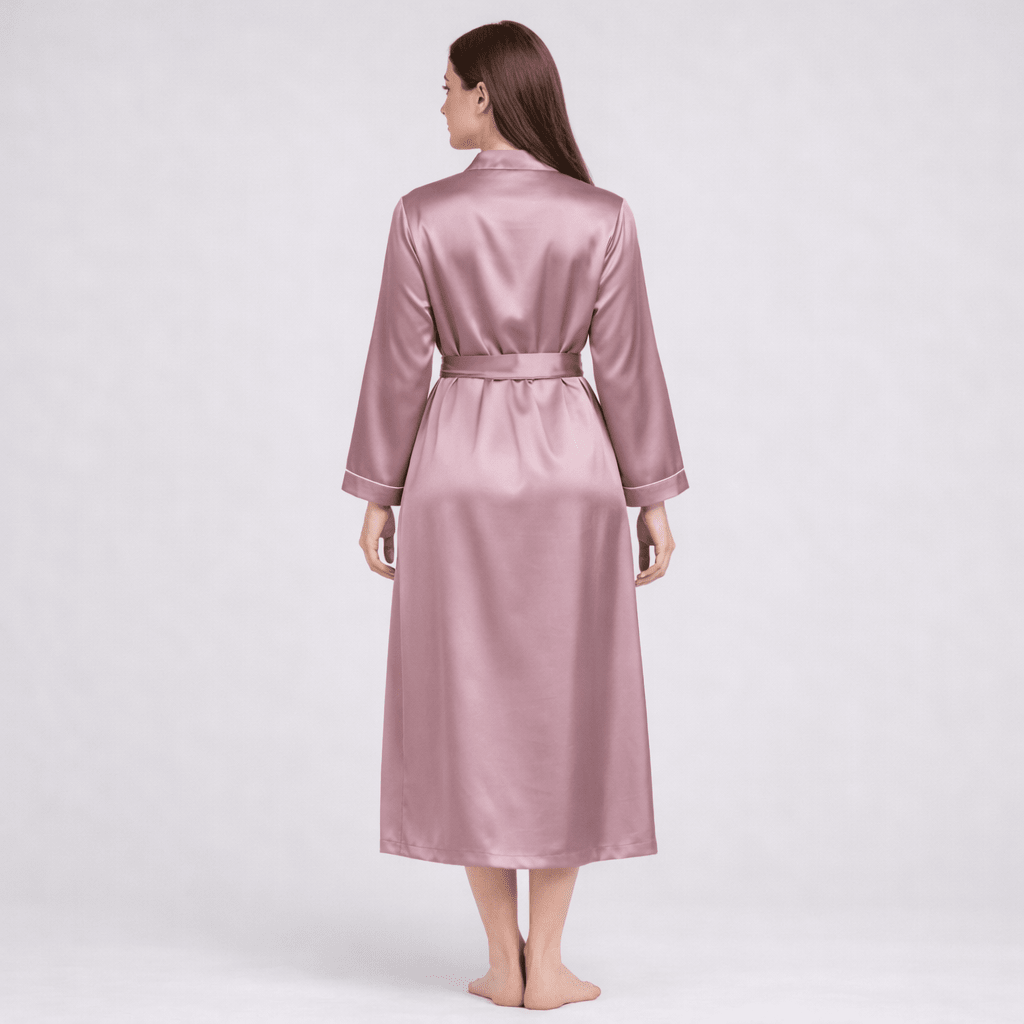 Woman wearing a pink silk robe on a white background