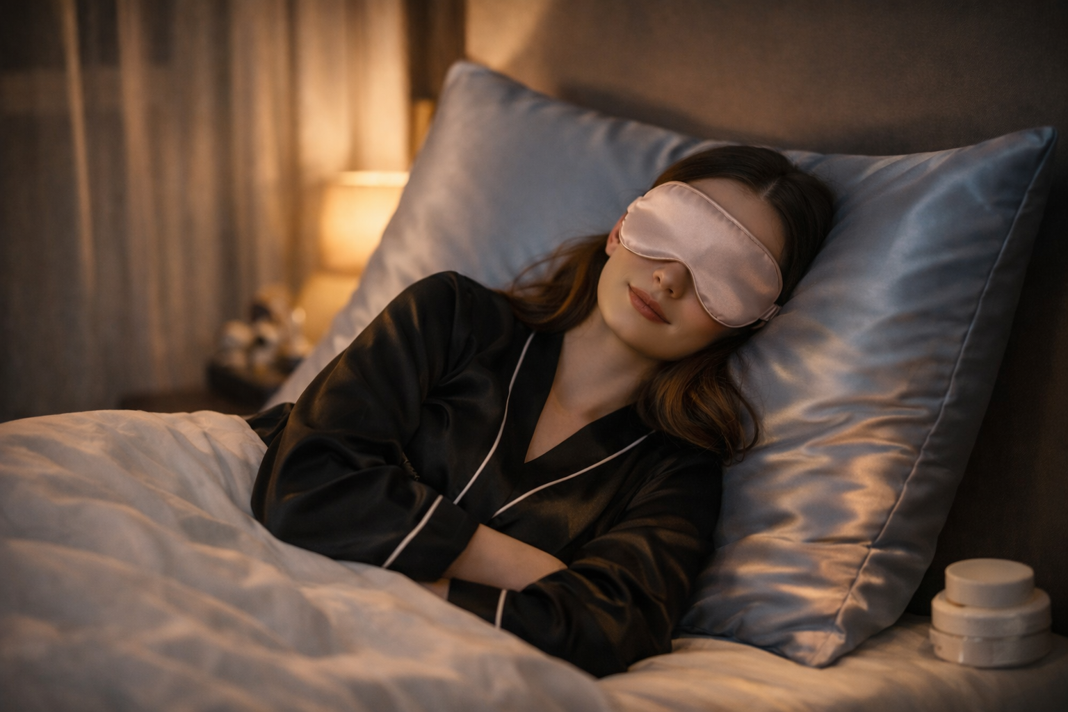 Woman wearing a silk sleep mask in bed with soft lighting