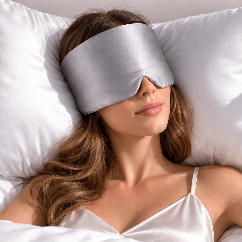 Woman wearing a silver sleep mask in bed
