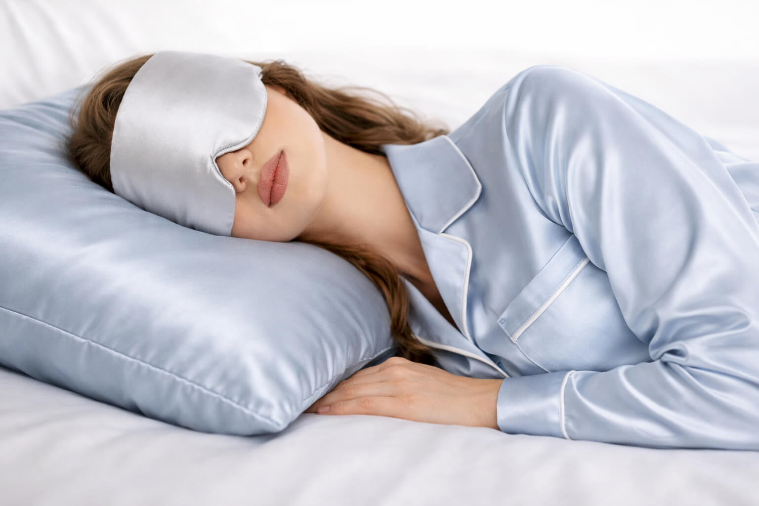 Woman wearing a sleep mask and light blue pajamas lying on a pillow.
