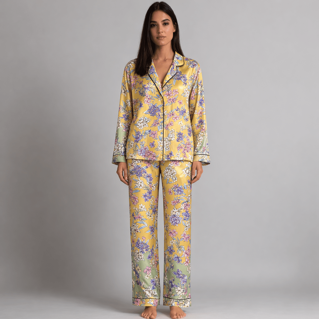 Woman wearing a yellow floral pajama set against a gray background