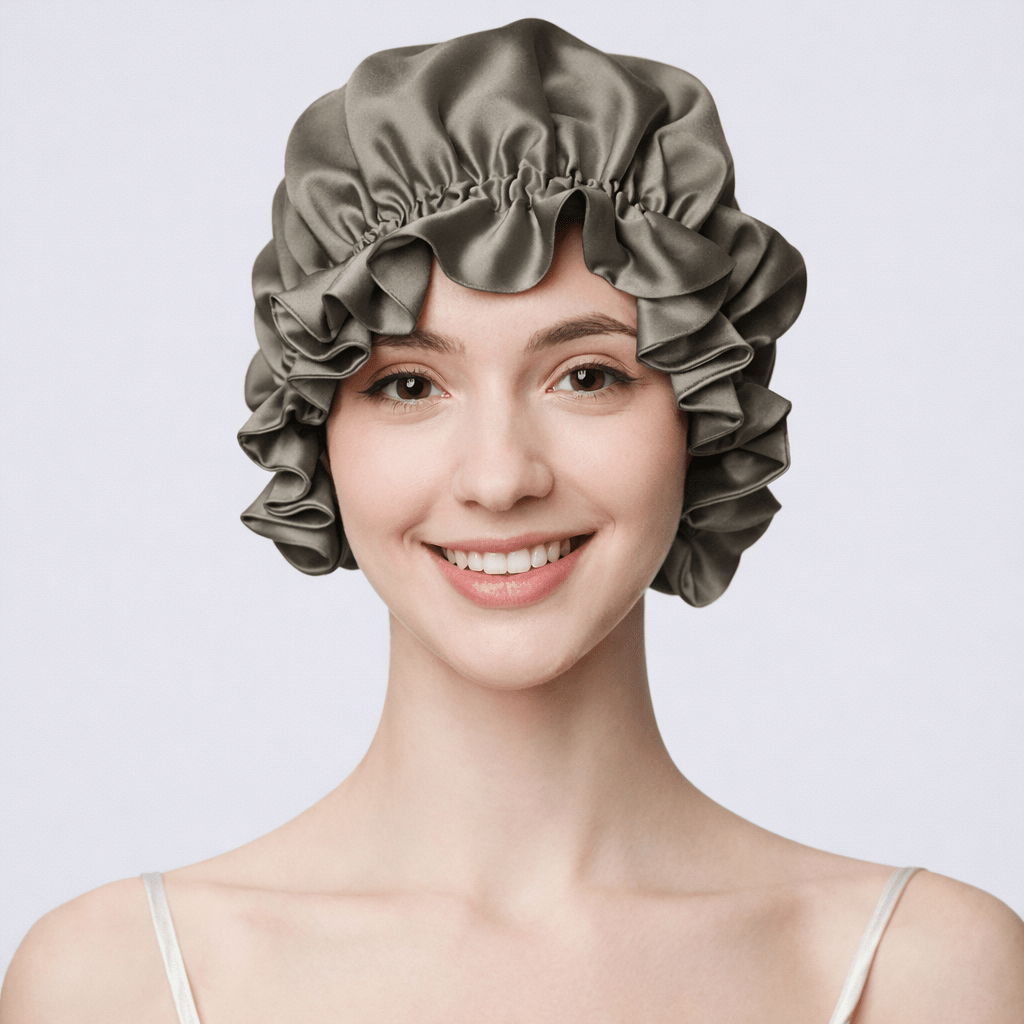 Woman wearing an olive green silk hair bonnet on a plain background