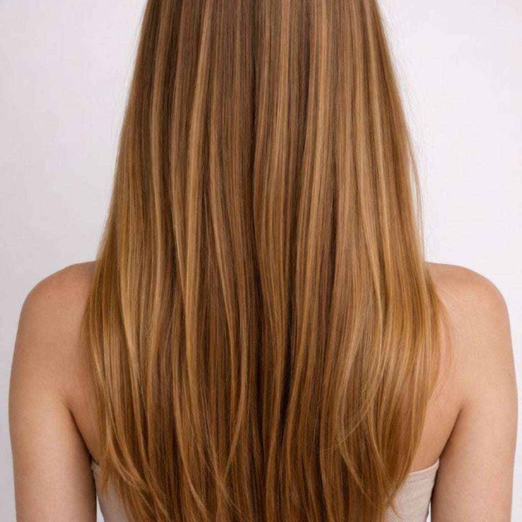 Long, straight, brown hair on a white background