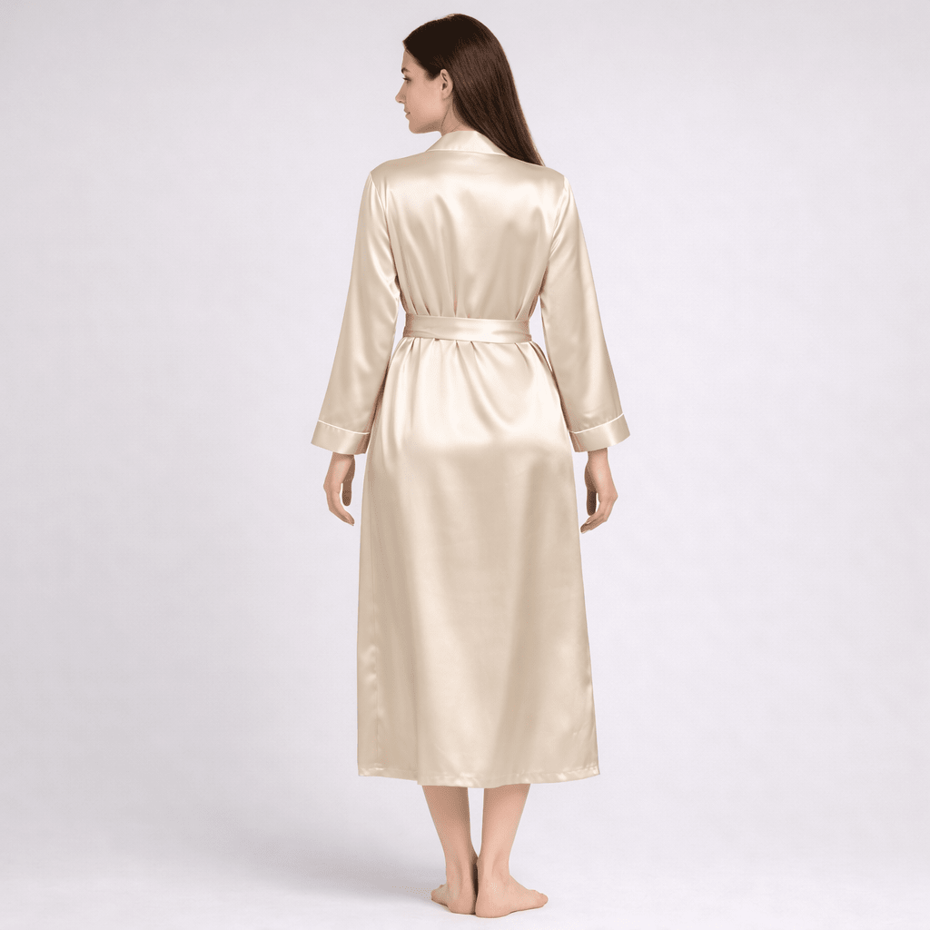 Woman wearing a beige silk robe on a white background